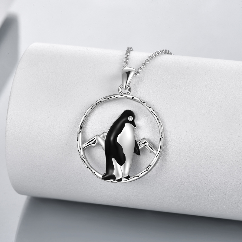Sterling Silver Circular Shaped Penguin Pendant Necklace-3
