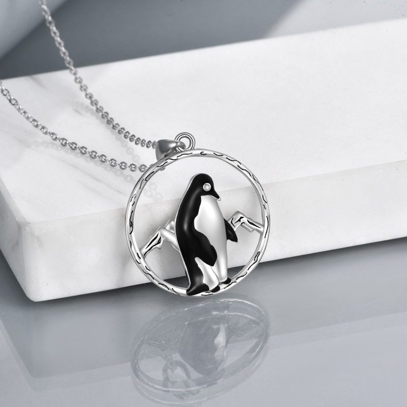 Sterling Silver Circular Shaped Penguin Pendant Necklace-4