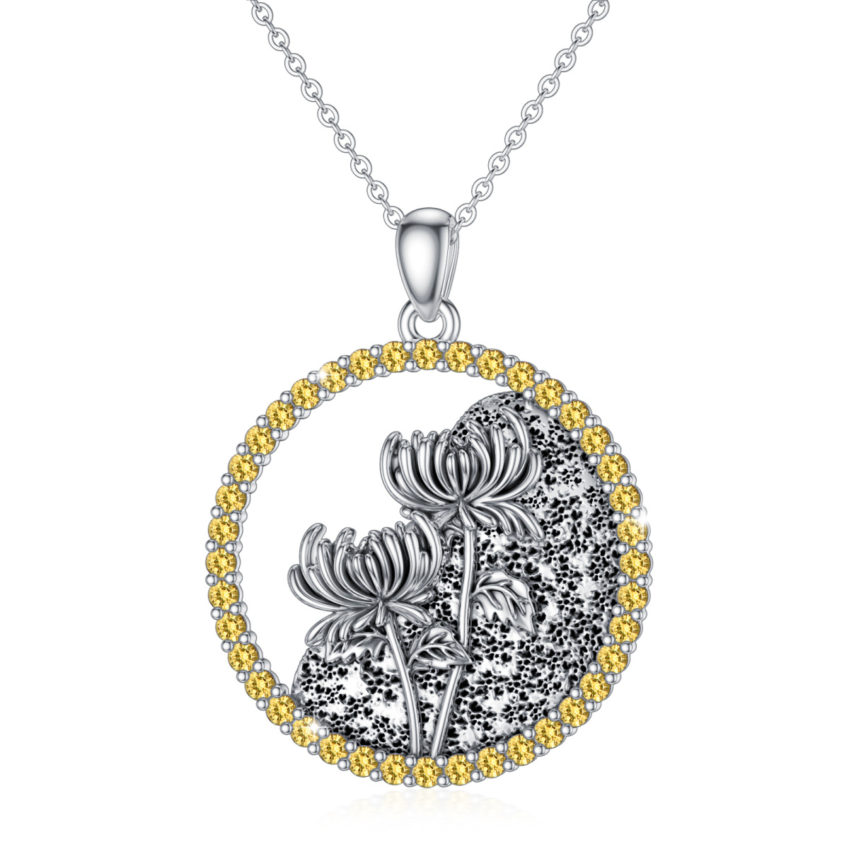 Sterling Silver Circular Shaped Cubic Zirconia & Personalized Birthstone Birth Flower & Chrysanthemum Pendant Necklace-1