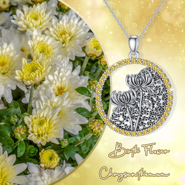 Sterling Silver Circular Shaped Cubic Zirconia & Personalized Birthstone Birth Flower & Chrysanthemum Pendant Necklace-3