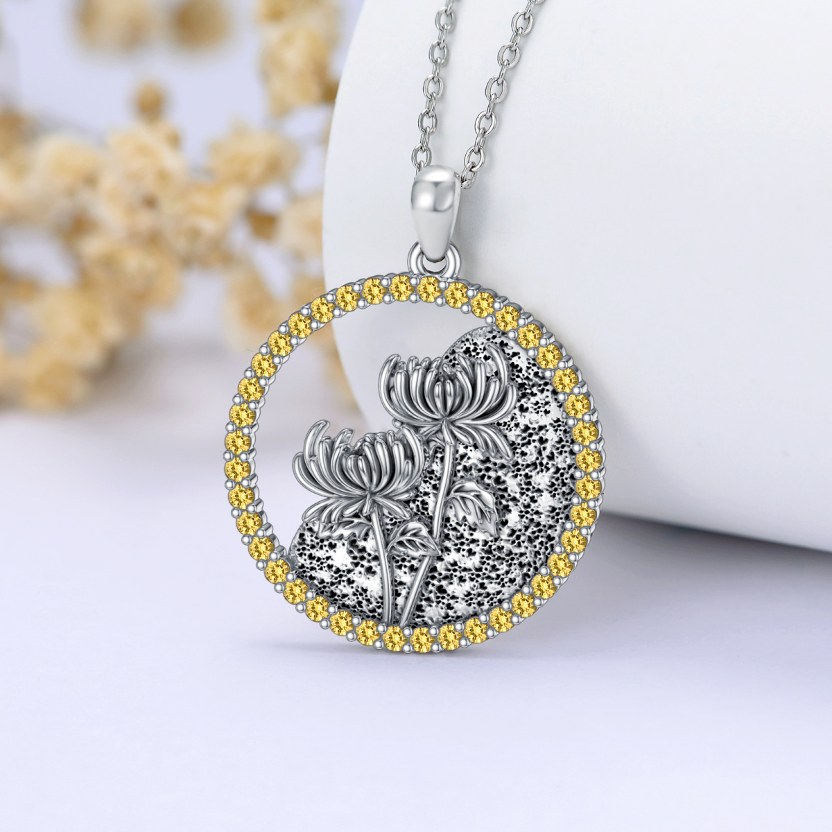 Collier pendentif en argent sterling avec zircone cubique de forme circulaire, pierre de naissance personnalisée, fleur de naissance, chrysanthème-4