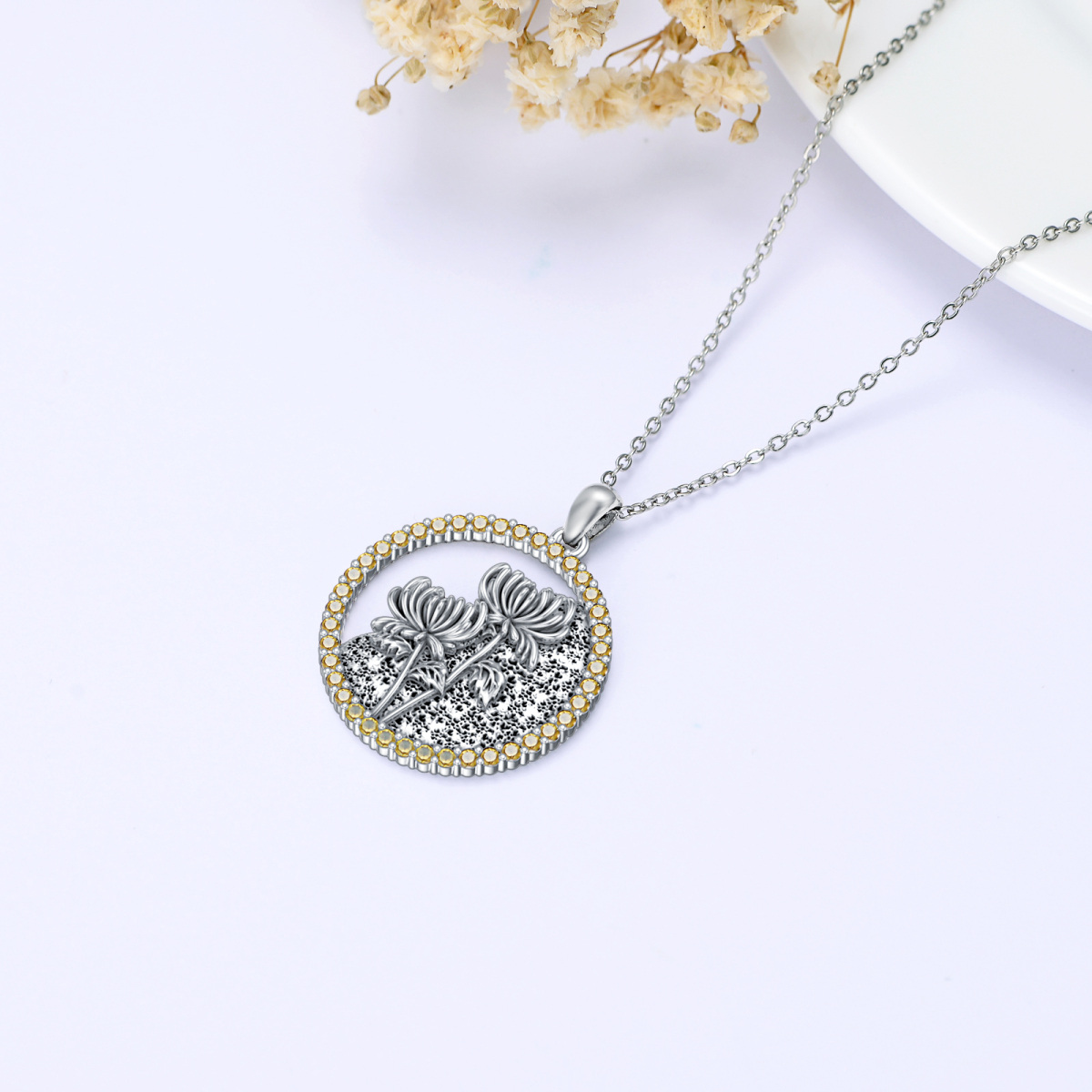 Sterling Silver Circular Shaped Cubic Zirconia & Personalized Birthstone Birth Flower & Chrysanthemum Pendant Necklace-5