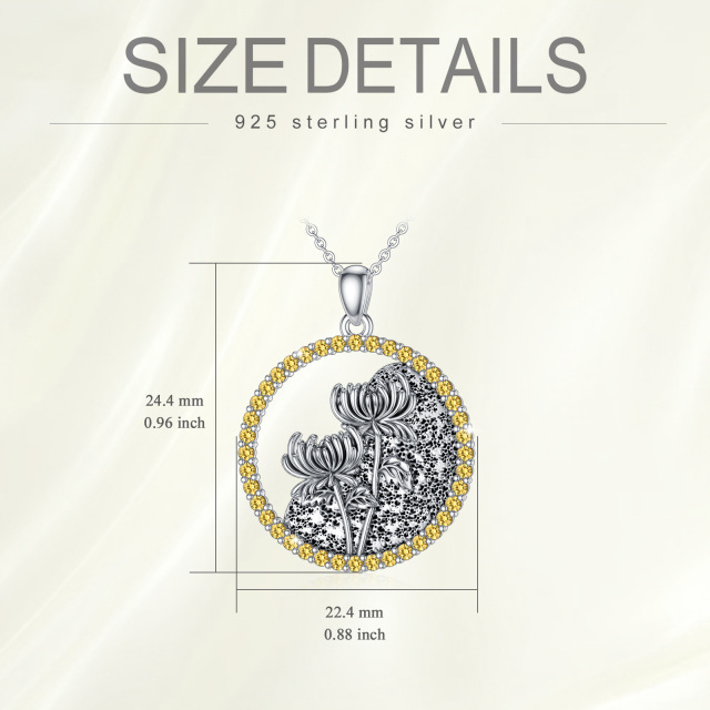 Sterling Silver Circular Shaped Cubic Zirconia & Personalized Birthstone Birth Flower & Chrysanthemum Pendant Necklace-6