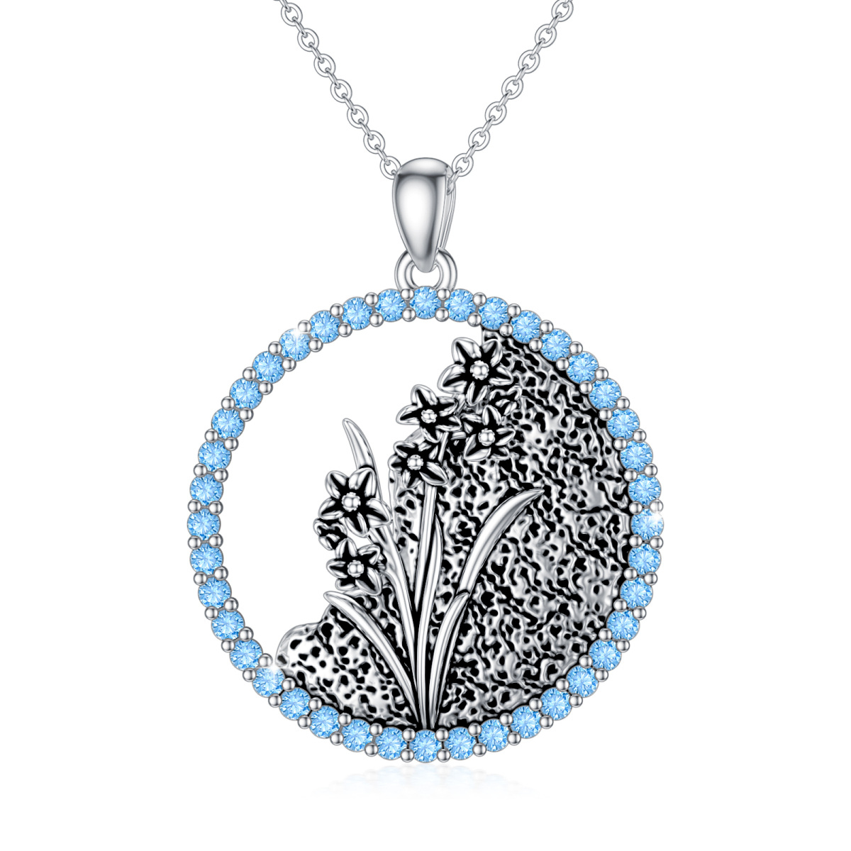 Sterling Silver Circular Shaped Cubic Zirconia & Personalized Birthstone Birth Flower & Daffodil Pendant Necklace-1