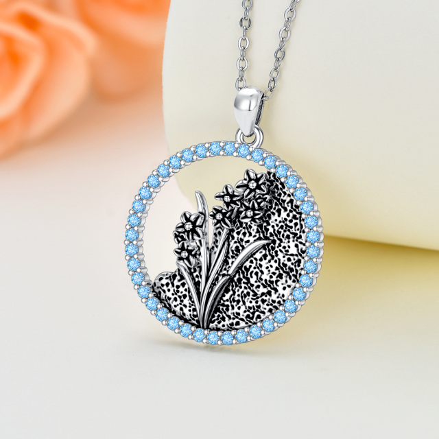 Sterling Silver Circular Shaped Cubic Zirconia & Personalized Birthstone Birth Flower & Daffodil Pendant Necklace-3