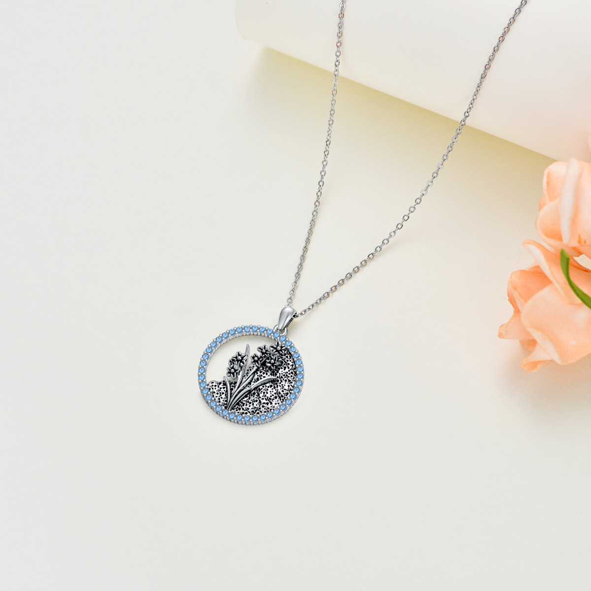 Sterling Silver Circular Shaped Cubic Zirconia & Personalized Birthstone Birth Flower & Daffodil Pendant Necklace-4