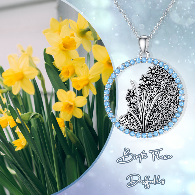 Sterling Silver Circular Shaped Cubic Zirconia & Personalized Birthstone Birth Flower & Daffodil Pendant Necklace-6