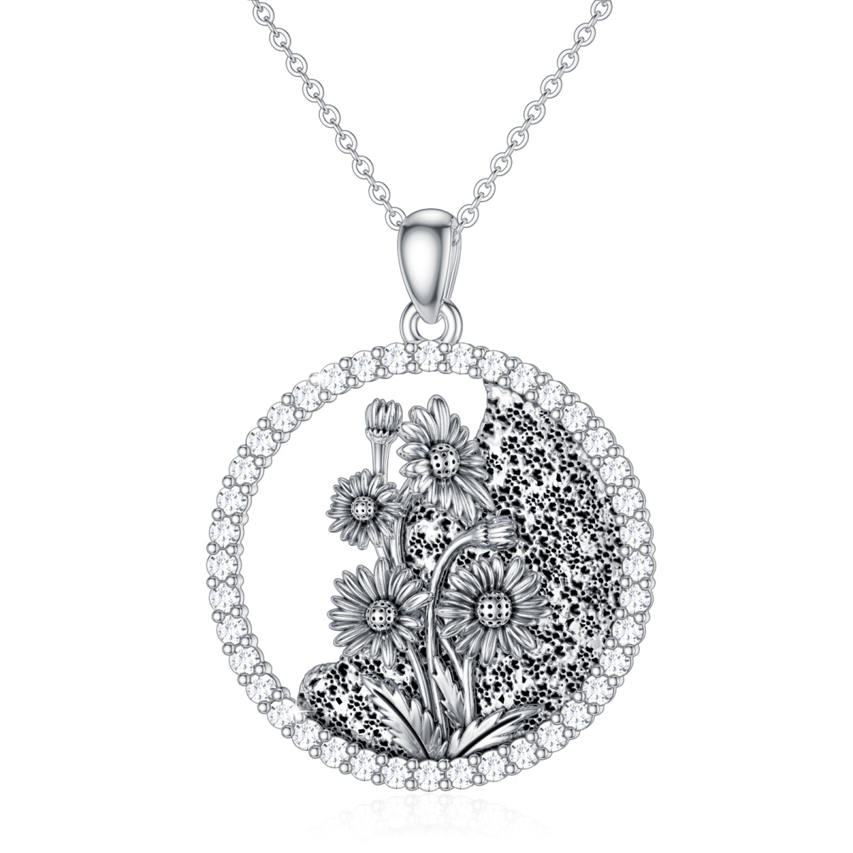 Sterling Silver Circular Shaped Cubic Zirconia & Personalized Birthstone Birth Flower & Daisy Pendant Necklace-1