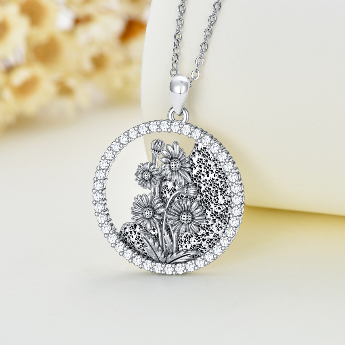 Sterling Silver Circular Shaped Cubic Zirconia & Personalized Birthstone Birth Flower & Daisy Pendant Necklace-3