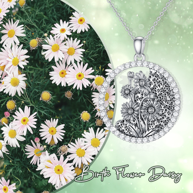 Sterling Silver Circular Shaped Cubic Zirconia & Personalized Birthstone Birth Flower & Daisy Pendant Necklace-6