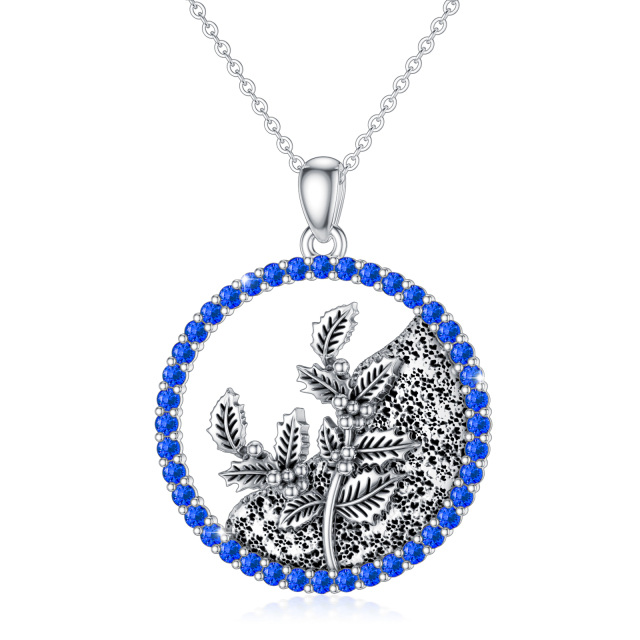 Sterling Silver Circular Shaped Cubic Zirconia & Personalized Birthstone Birth Flower & Holly Pendant Necklace-1