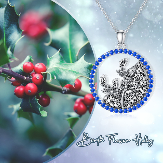 Sterling Silver Circular Shaped Cubic Zirconia & Personalized Birthstone Birth Flower & Holly Pendant Necklace-3