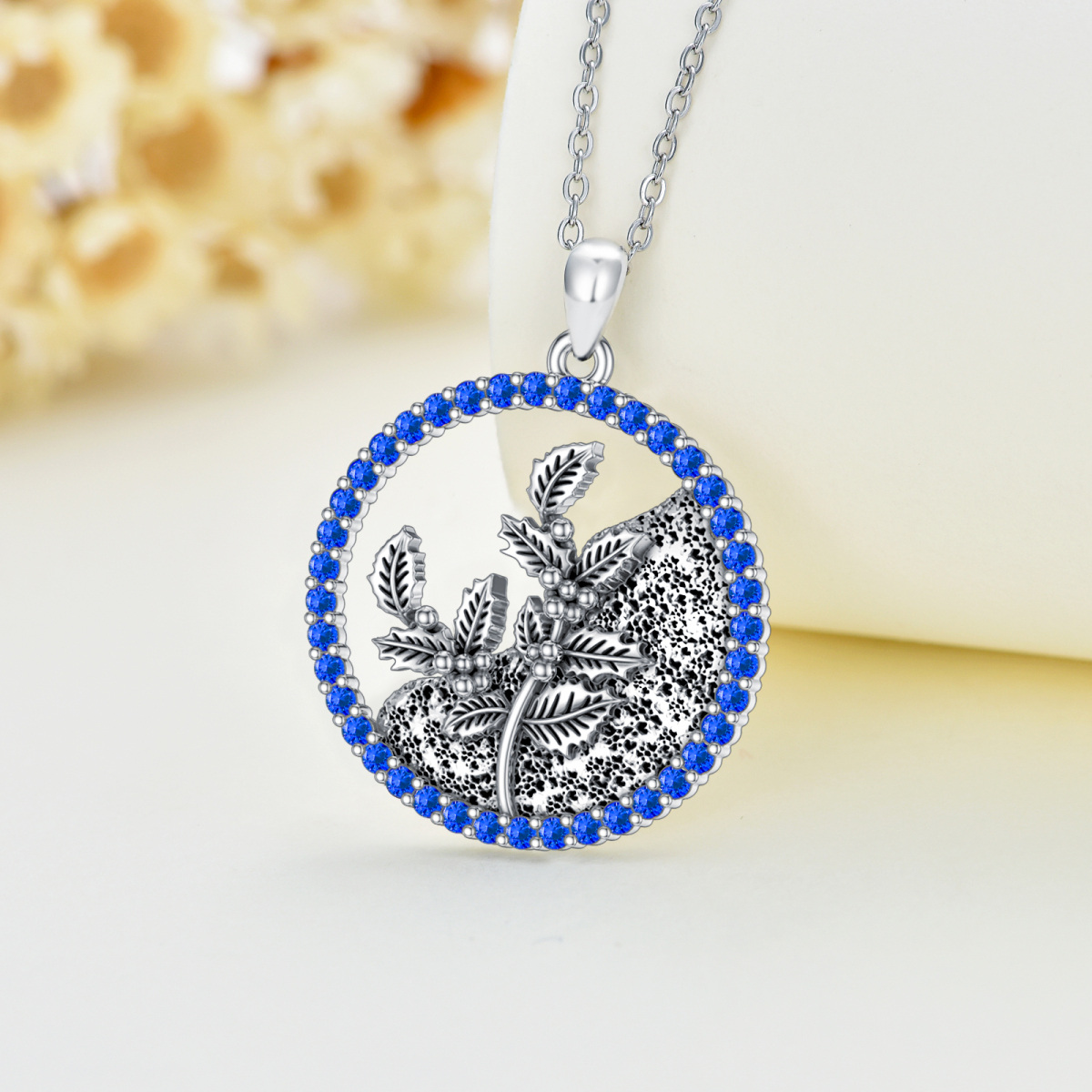 Sterling Silver Circular Shaped Cubic Zirconia & Personalized Birthstone Birth Flower & Holly Pendant Necklace-5