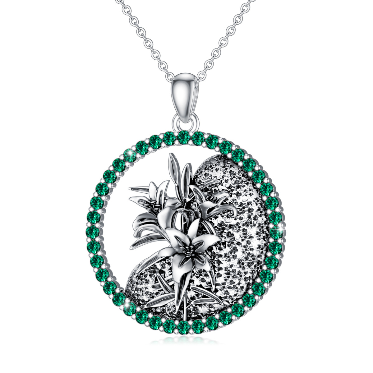 Sterling Silver Circular Shaped Cubic Zirconia & Personalized Birthstone Birth Flower & Lily Pendant Necklace-1