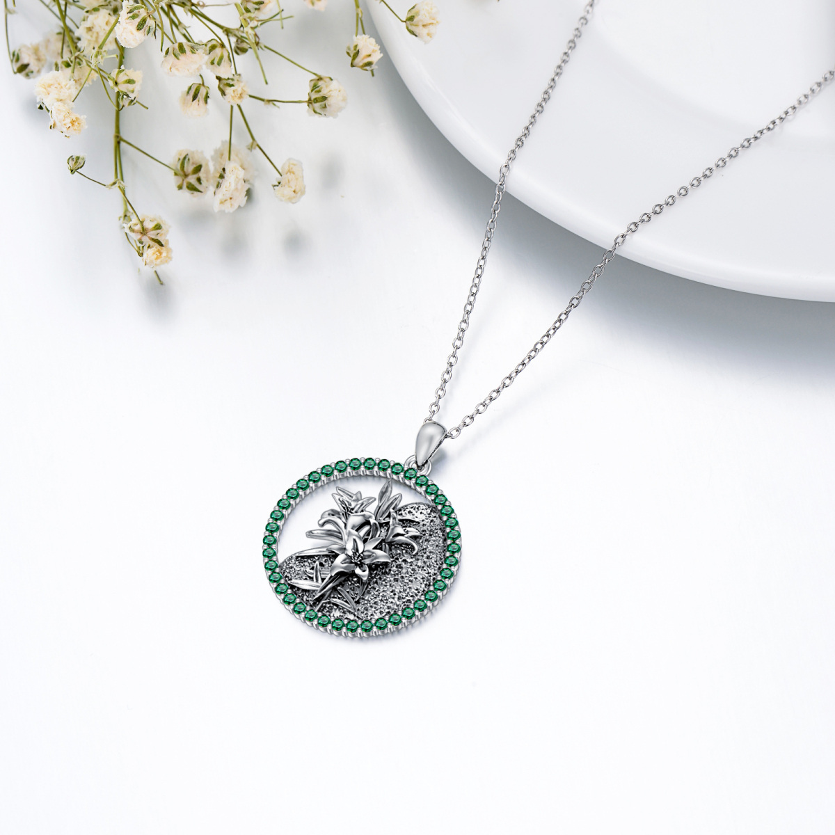 Sterling Silber Kreisförmige Zirkonia Personalisierte Geburtsstein Geburtsblume Lilie Anhänger Halskette-4