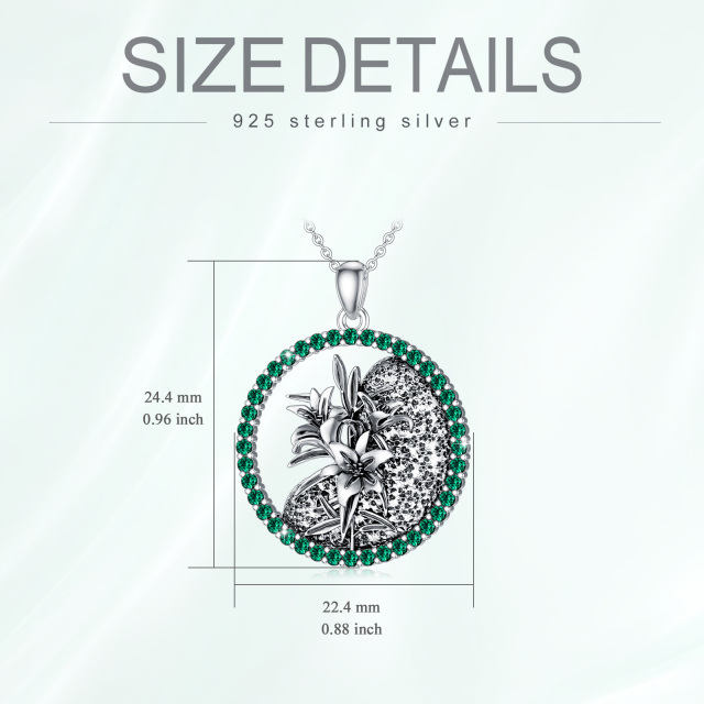 Sterling Silver Circular Shaped Cubic Zirconia & Personalized Birthstone Birth Flower & Lily Pendant Necklace-5