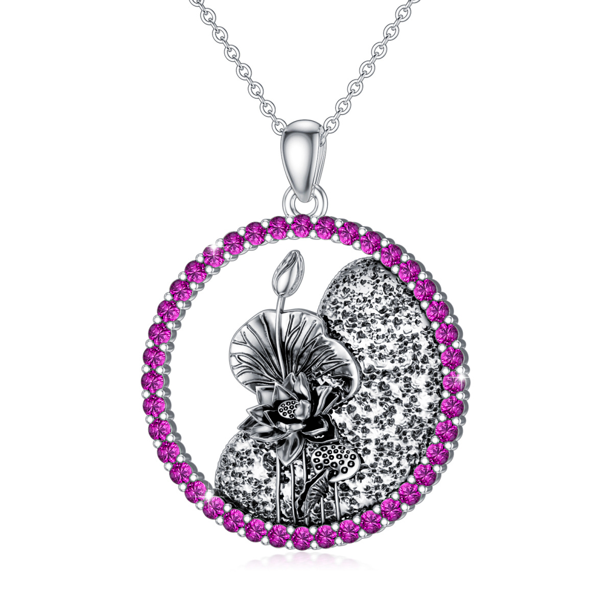 Sterling Silver Circular Shaped Cubic Zirconia & Personalized Birthstone Birth Flower & Lotus Pendant Necklace-1