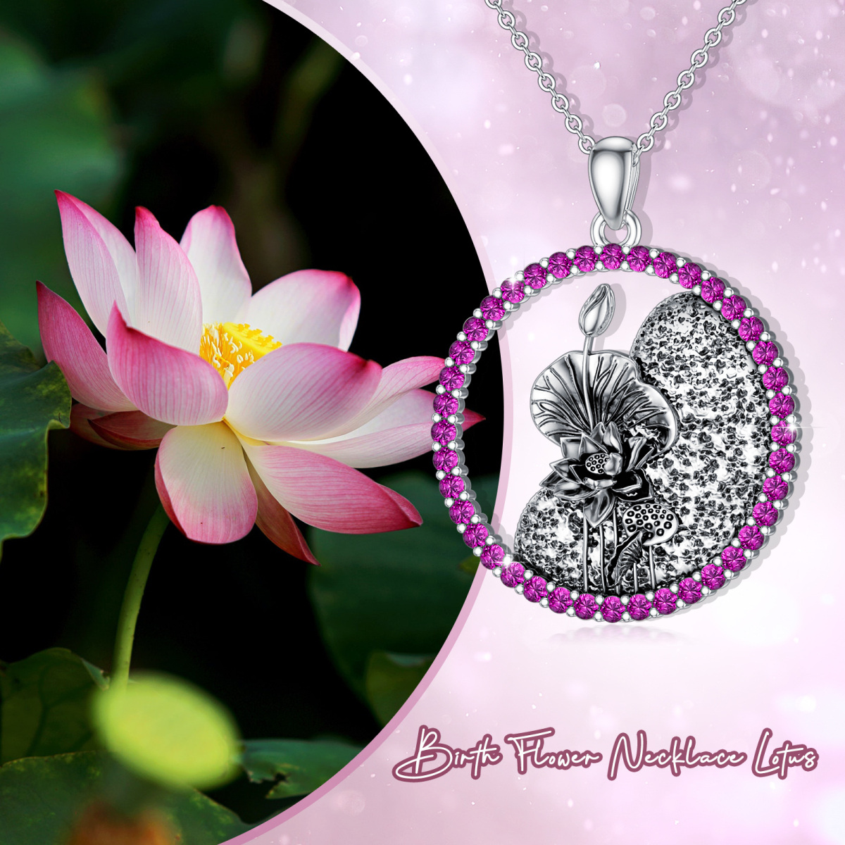 Sterling Silver Circular Shaped Cubic Zirconia & Personalized Birthstone Birth Flower & Lotus Pendant Necklace-3