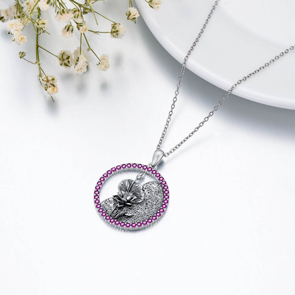 Sterling Silber Kreisförmige Cubic Zirkonia Personalisierte Geburtsstein Geburtsblume Lotus Anhänger Halskette-5