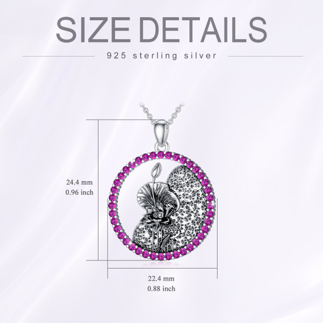 Sterling Silver Circular Shaped Cubic Zirconia & Personalized Birthstone Birth Flower & Lotus Pendant Necklace-6