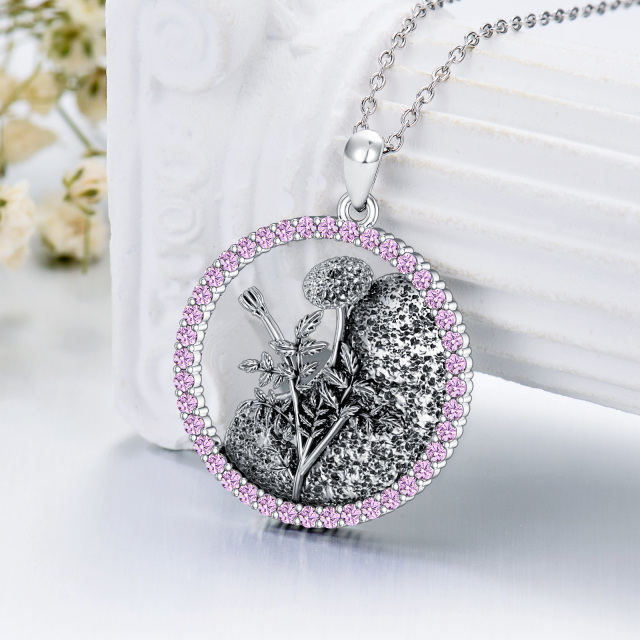 Sterling Silver Circular Shaped Cubic Zirconia & Personalized Birthstone Birth Flower & Marigold Pendant Necklace-3