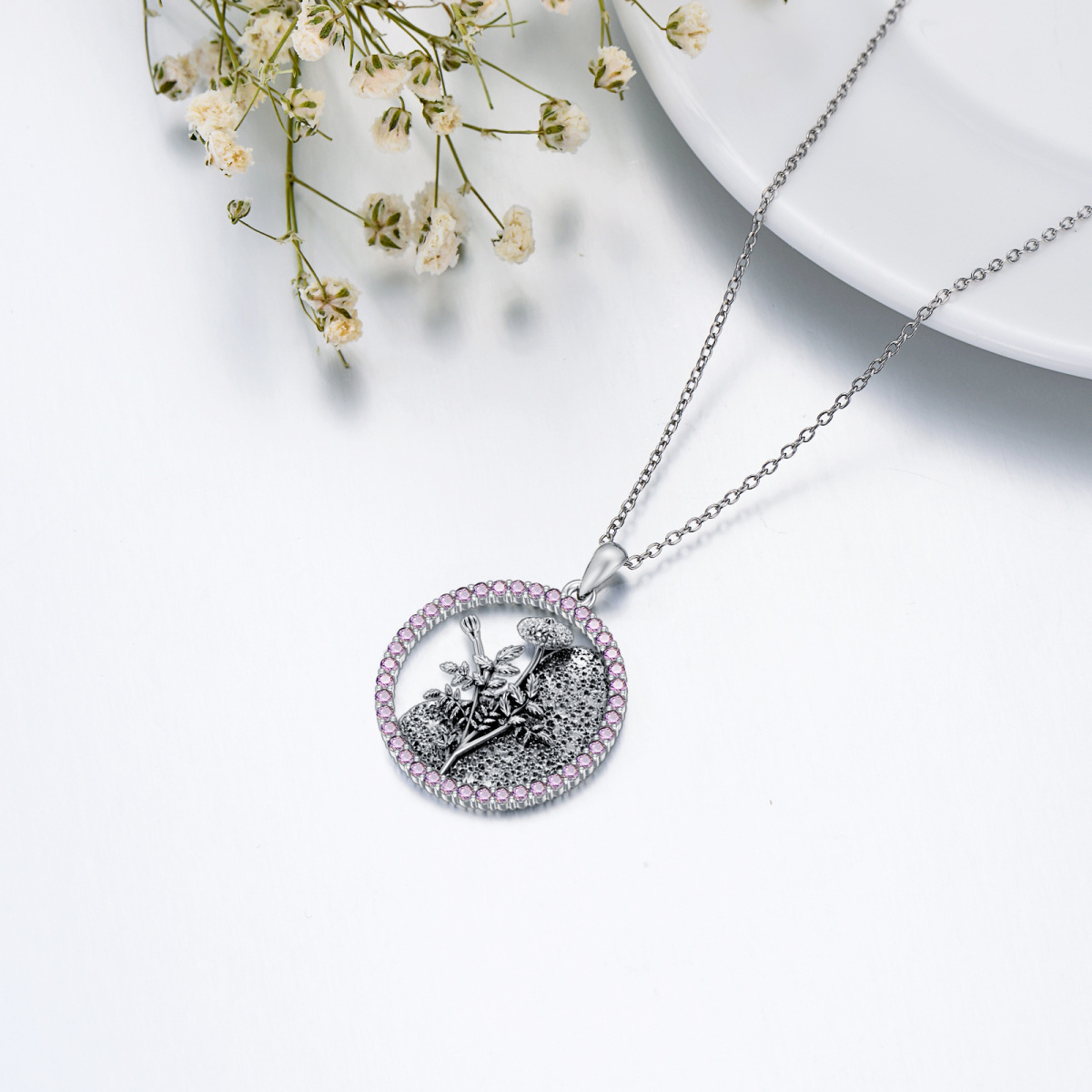 Sterling Silver Circular Shaped Cubic Zirconia & Personalized Birthstone Birth Flower & Marigold Pendant Necklace-4