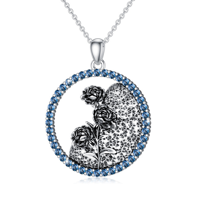 Sterling Silver Circular Shaped Cubic Zirconia & Personalized Birthstone Birth Flower & Peony Flower Pendant Necklace-1