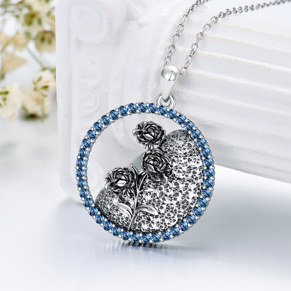 Sterling Silver Circular Shaped Cubic Zirconia & Personalized Birthstone Birth Flower & Peony Flower Pendant Necklace-3