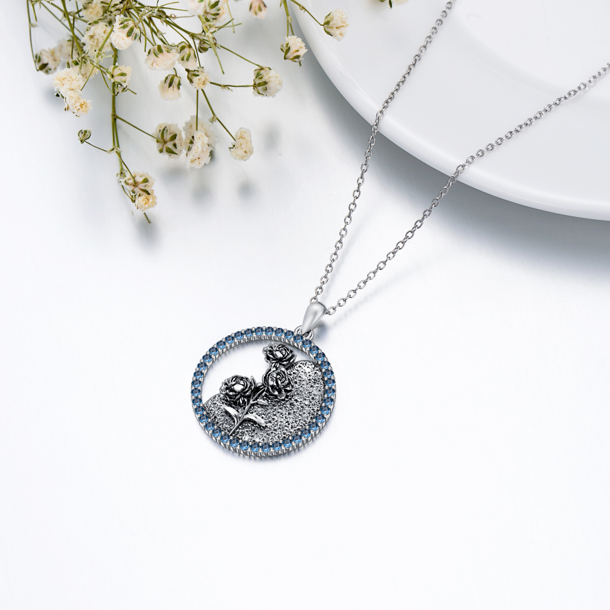 Sterling Silber Kreisförmige Zirkonia Personalisierte Geburtsstein Geburtsblume Pfingstrose Blume Anhänger Halskette-4