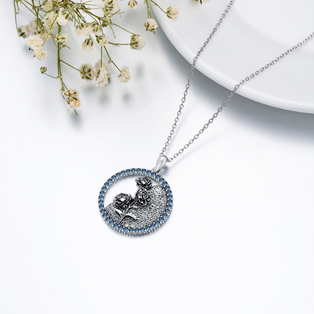 Sterling Silver Circular Shaped Cubic Zirconia & Personalized Birthstone Birth Flower & Peony Flower Pendant Necklace-4