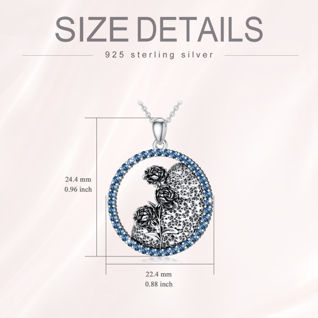 Sterling Silver Circular Shaped Cubic Zirconia & Personalized Birthstone Birth Flower & Peony Flower Pendant Necklace-5