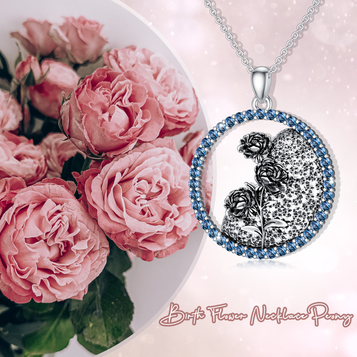 Collar con colgante de flor de peonía y piedra natal personalizada con circonita cúbica en forma circular de plata de ley-6