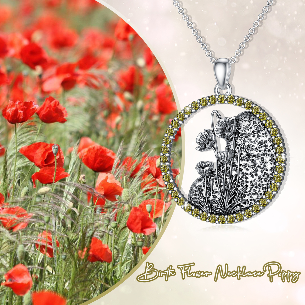 Sterling Silver Circular Shaped Cubic Zirconia & Personalized Birthstone Birth Flower & Poppy Pendant Necklace-3