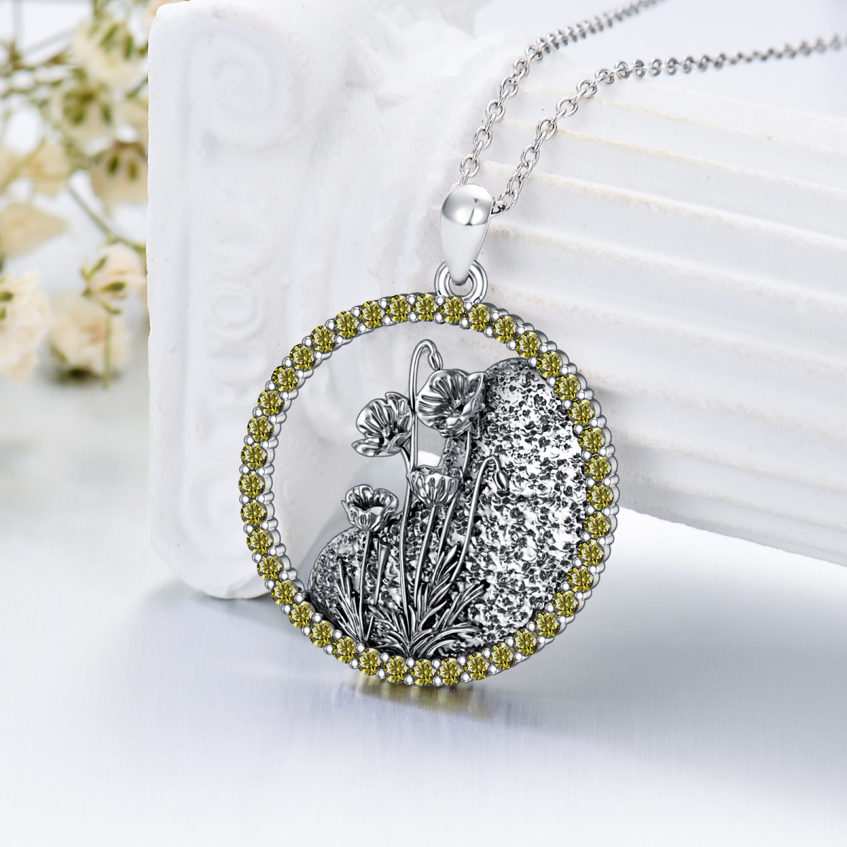 Sterling Silver Circular Shaped Cubic Zirconia & Personalized Birthstone Birth Flower & Poppy Pendant Necklace-4