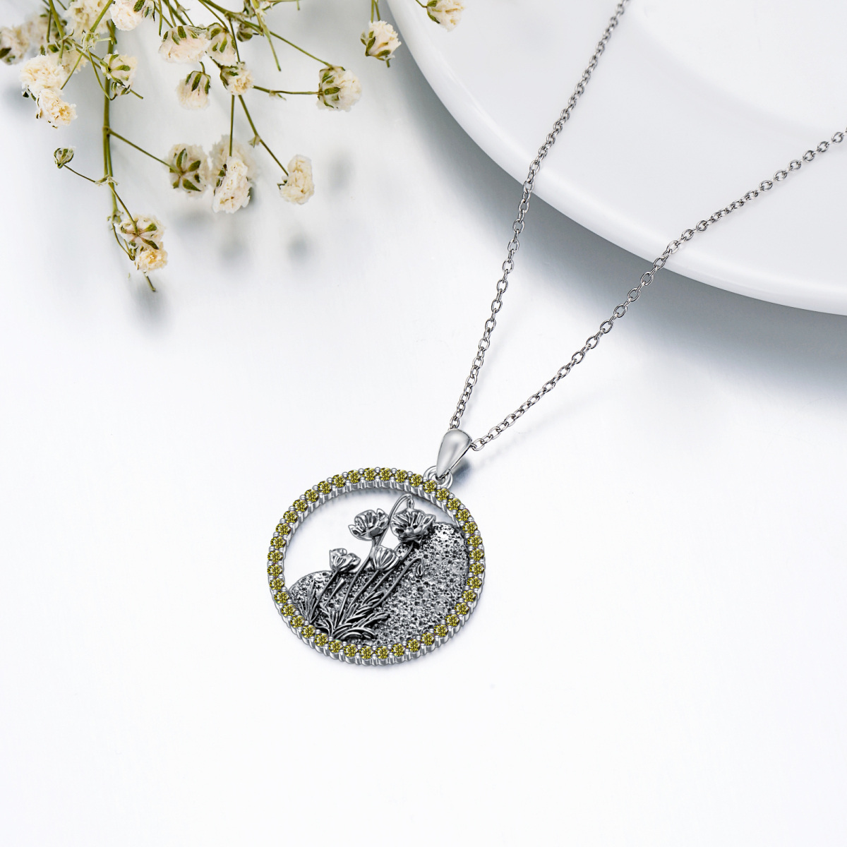 Sterling Silver Circular Shaped Cubic Zirconia & Personalized Birthstone Birth Flower & Poppy Pendant Necklace-5