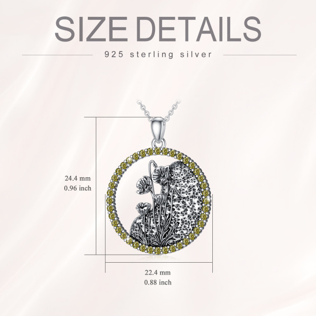 Sterling Silver Circular Shaped Cubic Zirconia & Personalized Birthstone Birth Flower & Poppy Pendant Necklace-6