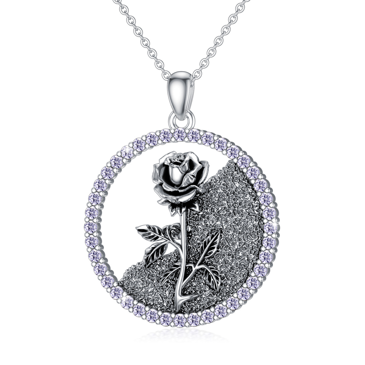 Sterling Silver Circular Shaped Cubic Zirconia & Personalized Birthstone Birth Flower & Rose Pendant Necklace-1