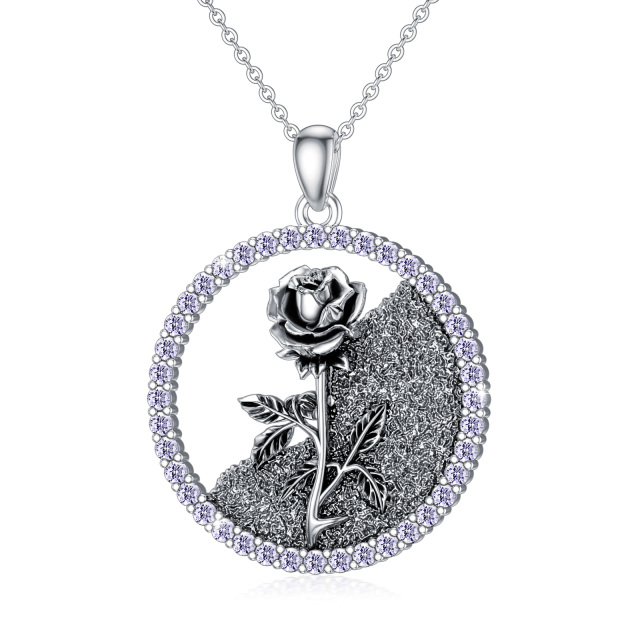 Collier avec pendentif en argent sterling avec pendentif en forme de zircone cubique et pierre de naissance personnalisée en forme de fleur de naissance et de rose-1