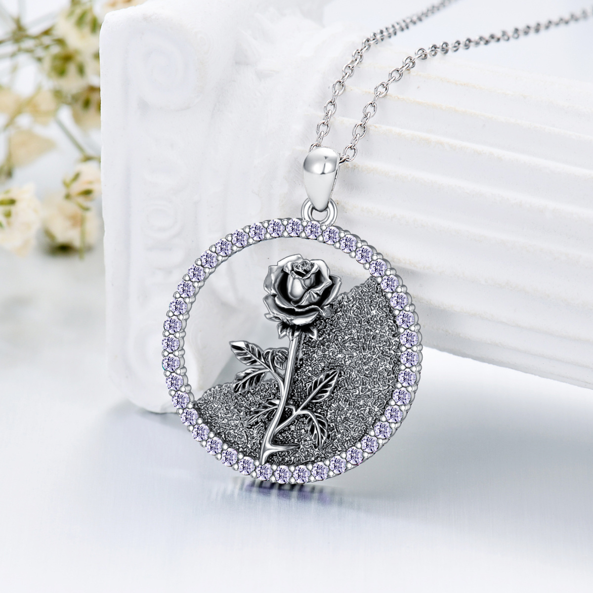 Sterling Silver Circular Shaped Cubic Zirconia & Personalized Birthstone Birth Flower & Rose Pendant Necklace-3