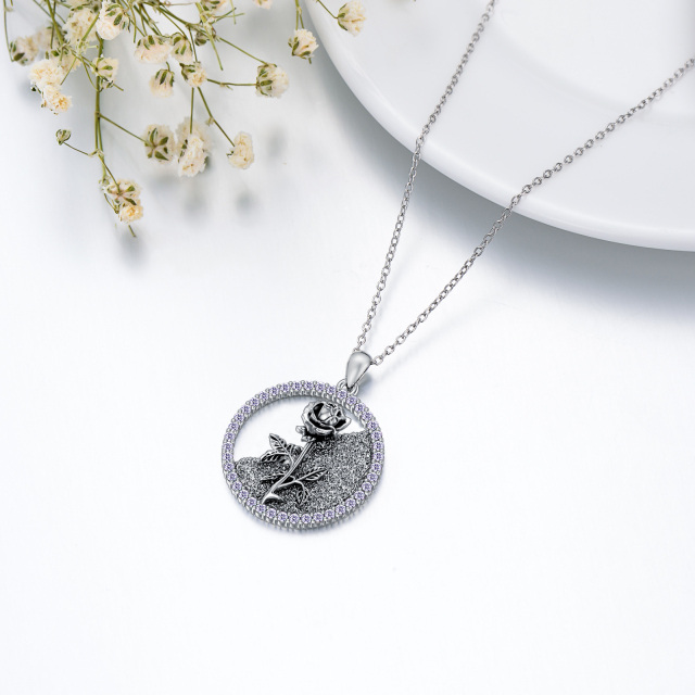 Sterling Silver Circular Shaped Cubic Zirconia & Personalized Birthstone Birth Flower & Rose Pendant Necklace-4