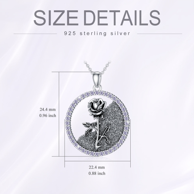 Sterling Silver Circular Shaped Cubic Zirconia & Personalized Birthstone Birth Flower & Rose Pendant Necklace-5