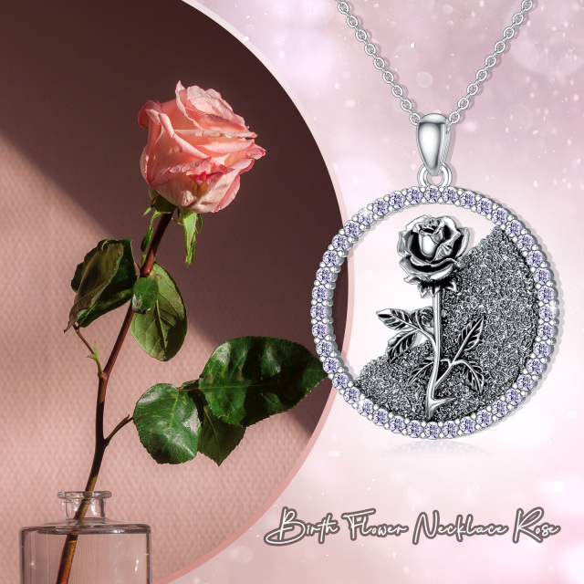 Sterling Silver Circular Shaped Cubic Zirconia & Personalized Birthstone Birth Flower & Rose Pendant Necklace-6