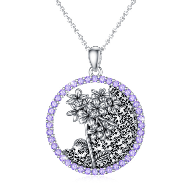 Sterling Silver Circular Shaped Cubic Zirconia & Personalized Birthstone Birth Flower & Violet Pendant Necklace-1