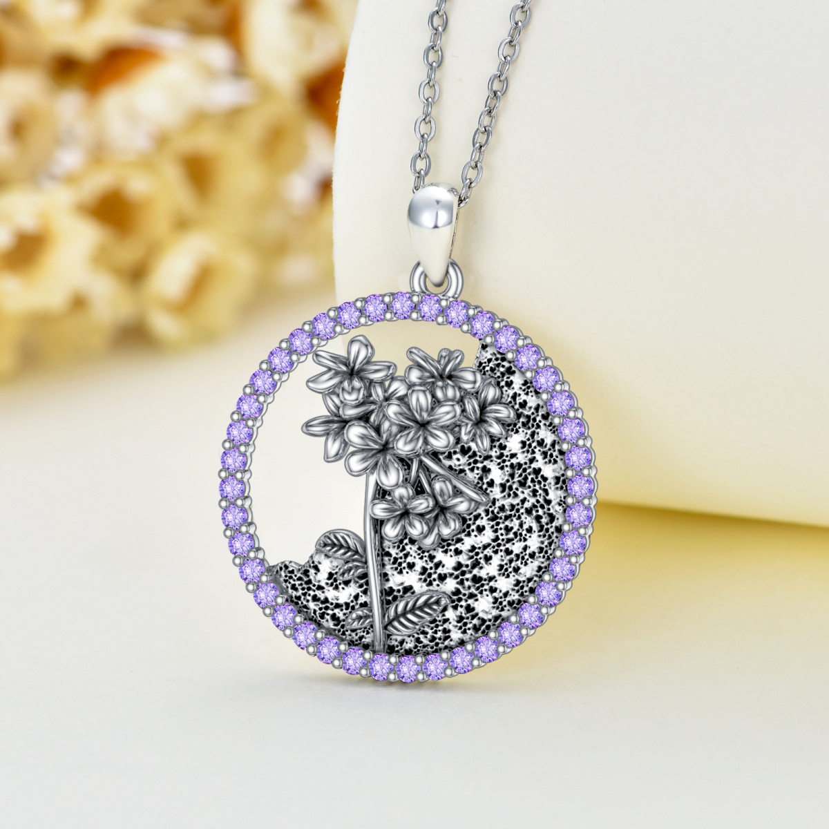 Sterling Silber Kreisförmige Zirkonia Personalisierte Geburtsstein Geburtsblume Violett Anhänger Halskette-3