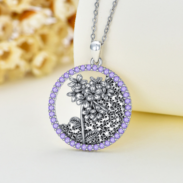 Sterling Silver Circular Shaped Cubic Zirconia & Personalized Birthstone Birth Flower & Violet Pendant Necklace-3