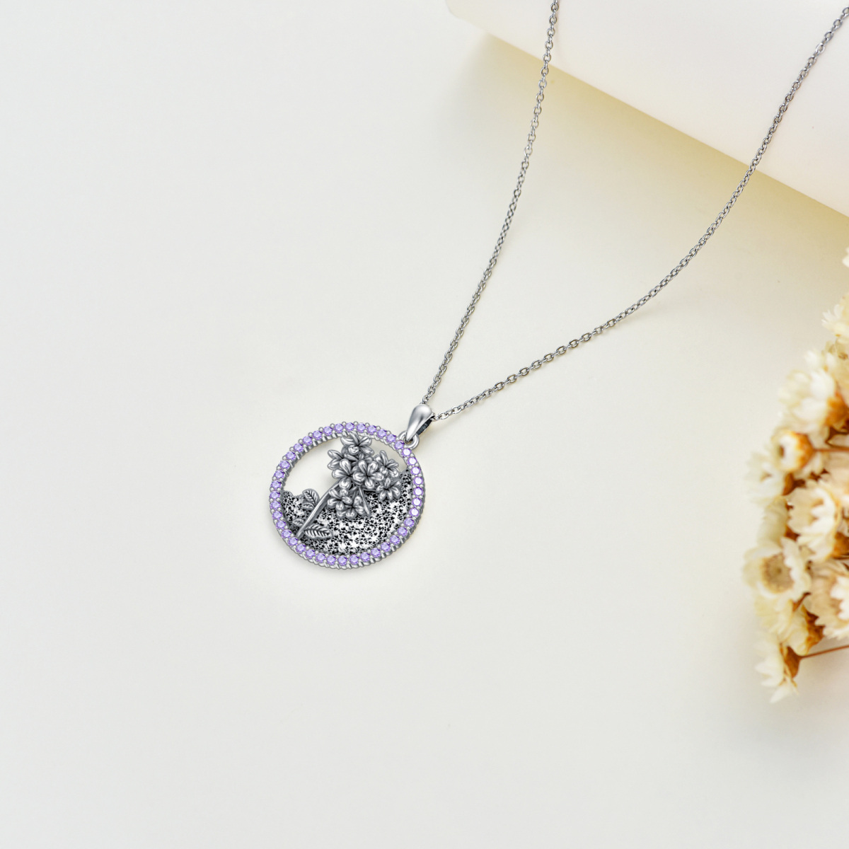 Sterling Silver Circular Shaped Cubic Zirconia & Personalized Birthstone Birth Flower & Violet Pendant Necklace-4