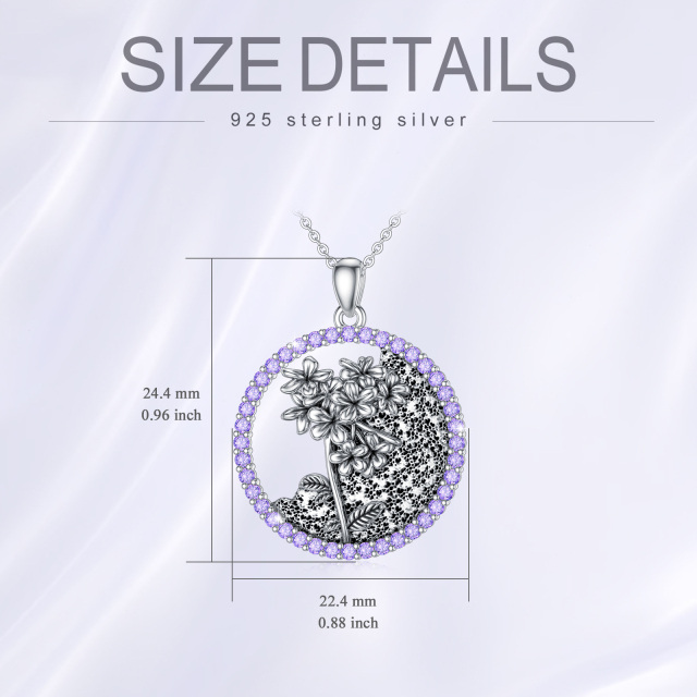 Sterling Silver Circular Shaped Cubic Zirconia & Personalized Birthstone Birth Flower & Violet Pendant Necklace-5