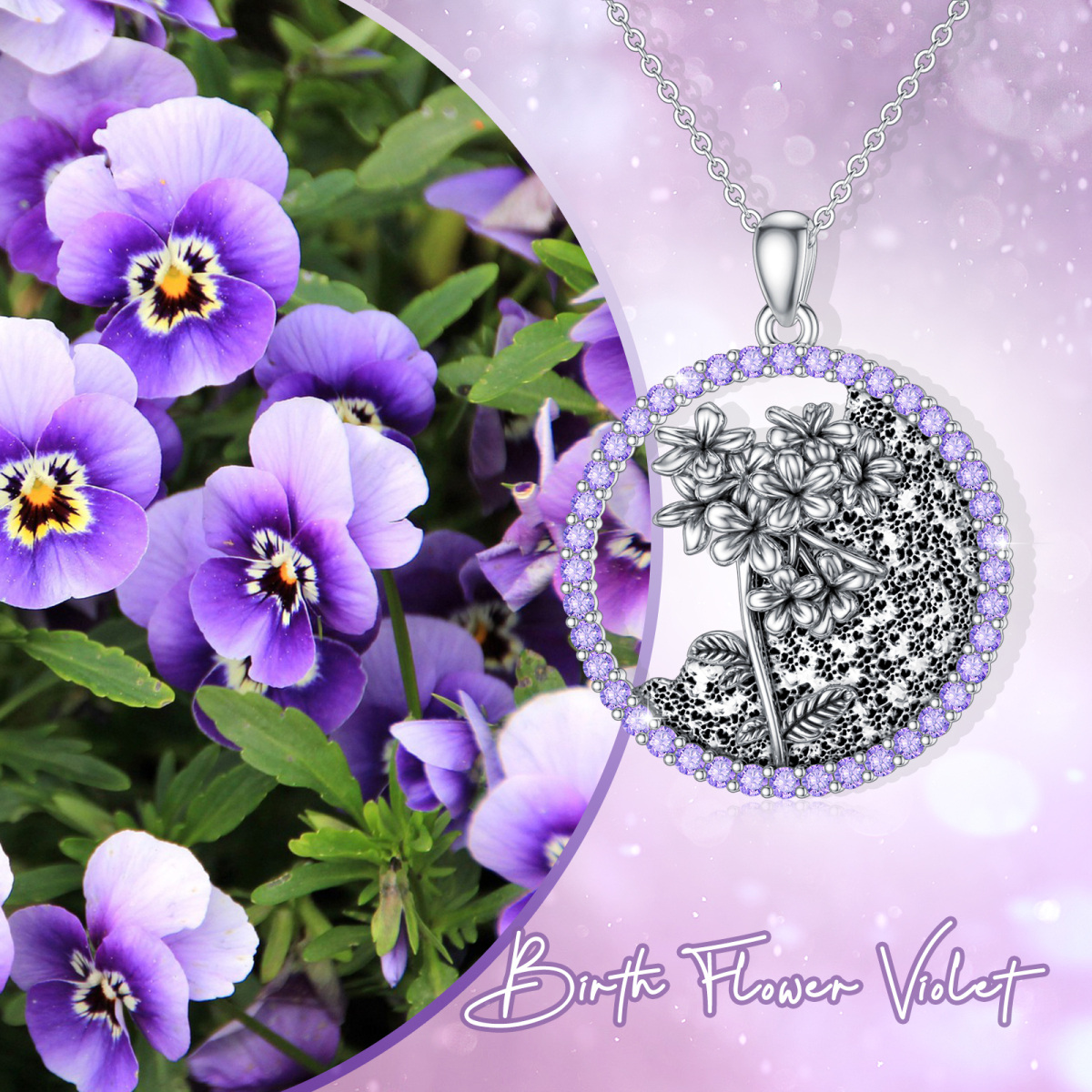 Sterling Silber Kreisförmige Zirkonia Personalisierte Geburtsstein Geburtsblume Violett Anhänger Halskette-6