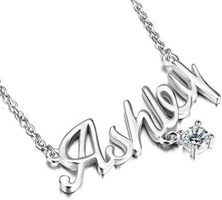 Sterling Silver Circular Shaped Cubic Zirconia Personalized Birthstone & Personalized Classic Name Pendant Necklace-3