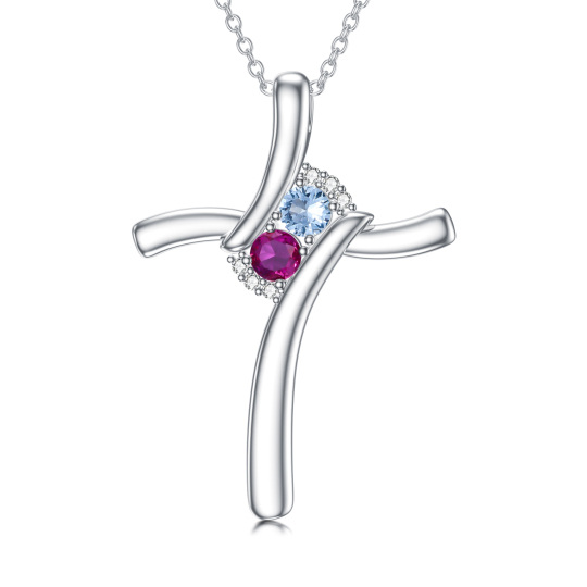 Sterling Silver Circular Shaped Cubic Zirconia Personalized Birthstone & Cross Pendant Necklace